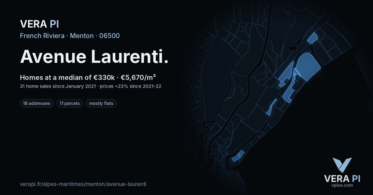 Avenue Laurenti, Menton at night – every parcel coloured by the prices around it, the street's own parcels lit