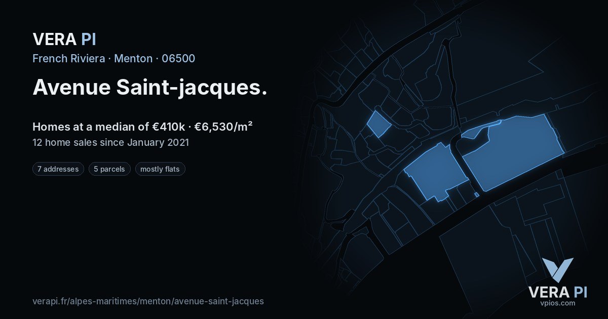 Avenue Saint-jacques, Menton at night – every parcel coloured by the prices around it, the street's own parcels lit