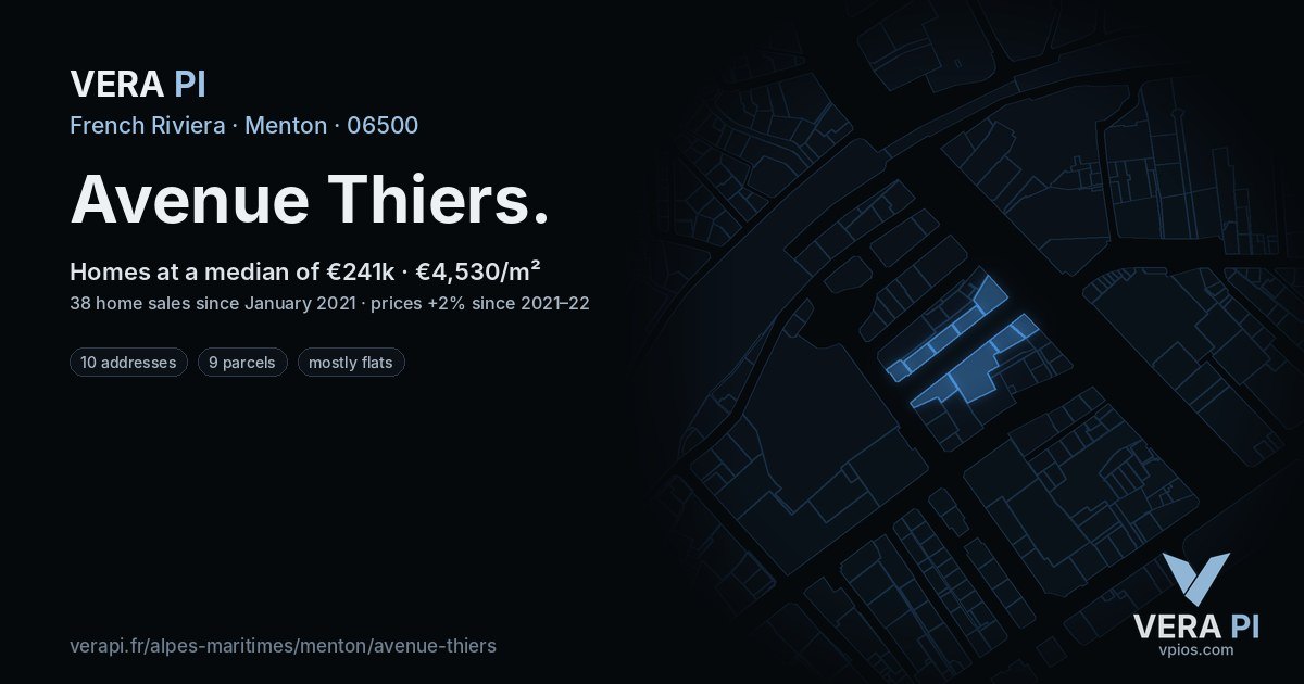 Avenue Thiers, Menton at night – every parcel coloured by the prices around it, the street's own parcels lit