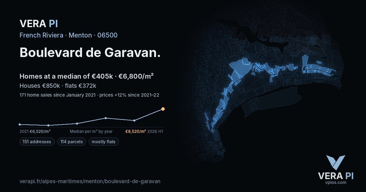 Boulevard de Garavan, Menton at night – every parcel coloured by the prices around it, the street's own parcels lit
