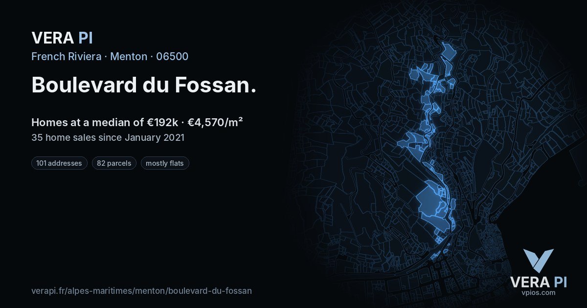 Boulevard du Fossan, Menton at night – every parcel coloured by the prices around it, the street's own parcels lit