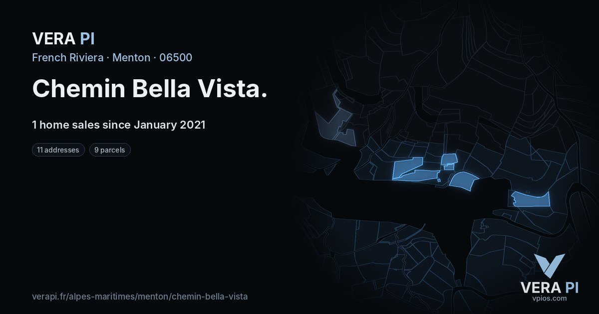 Chemin Bella Vista, Menton at night – every parcel coloured by the prices around it, the street's own parcels lit