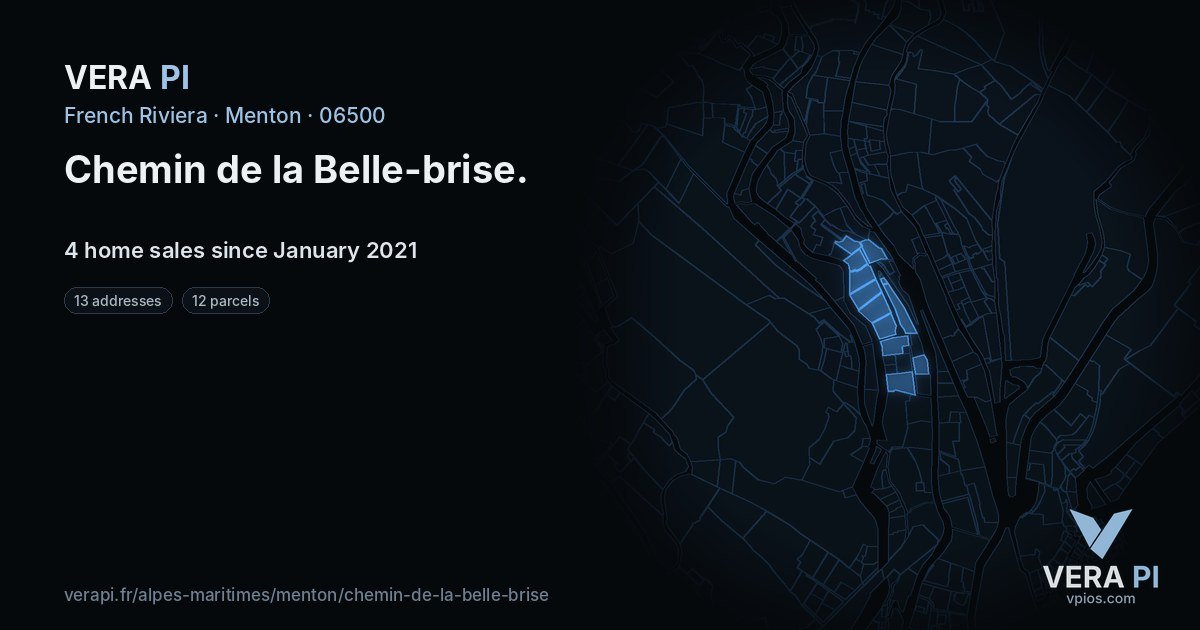 Chemin de la Belle-brise, Menton at night – every parcel coloured by the prices around it, the street's own parcels lit