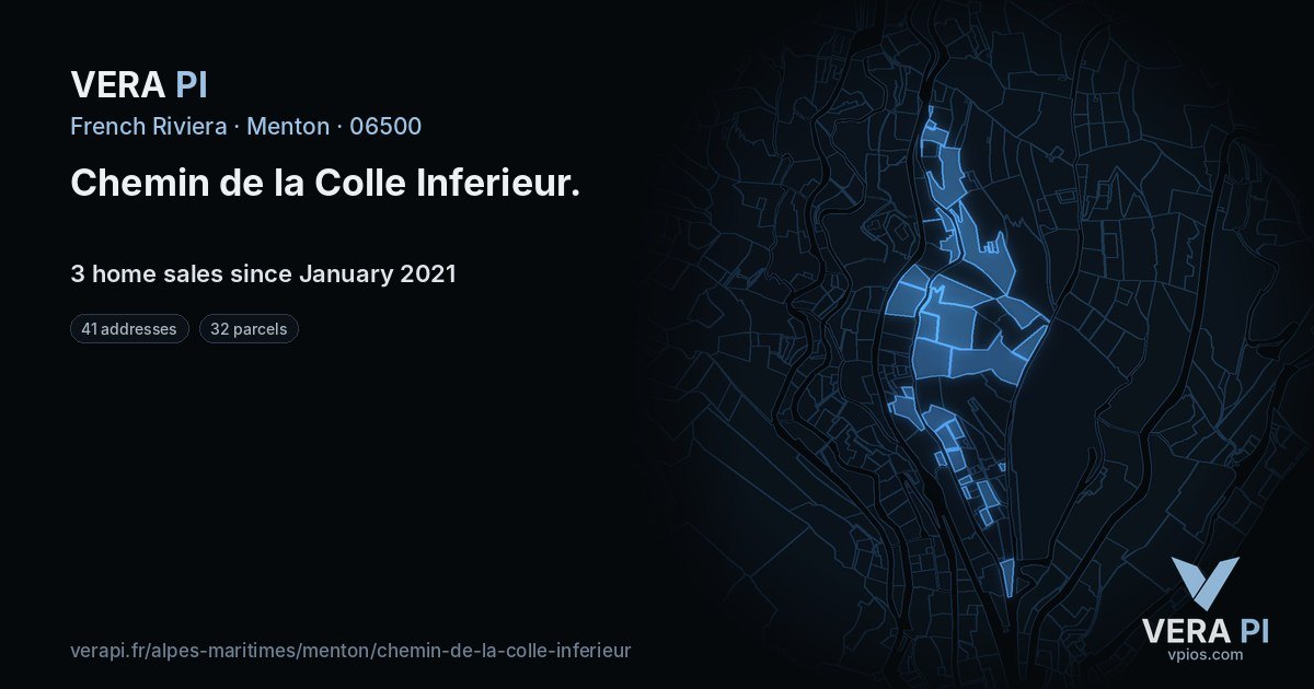 Chemin de la Colle Inferieur, Menton at night – every parcel coloured by the prices around it, the street's own parcels lit
