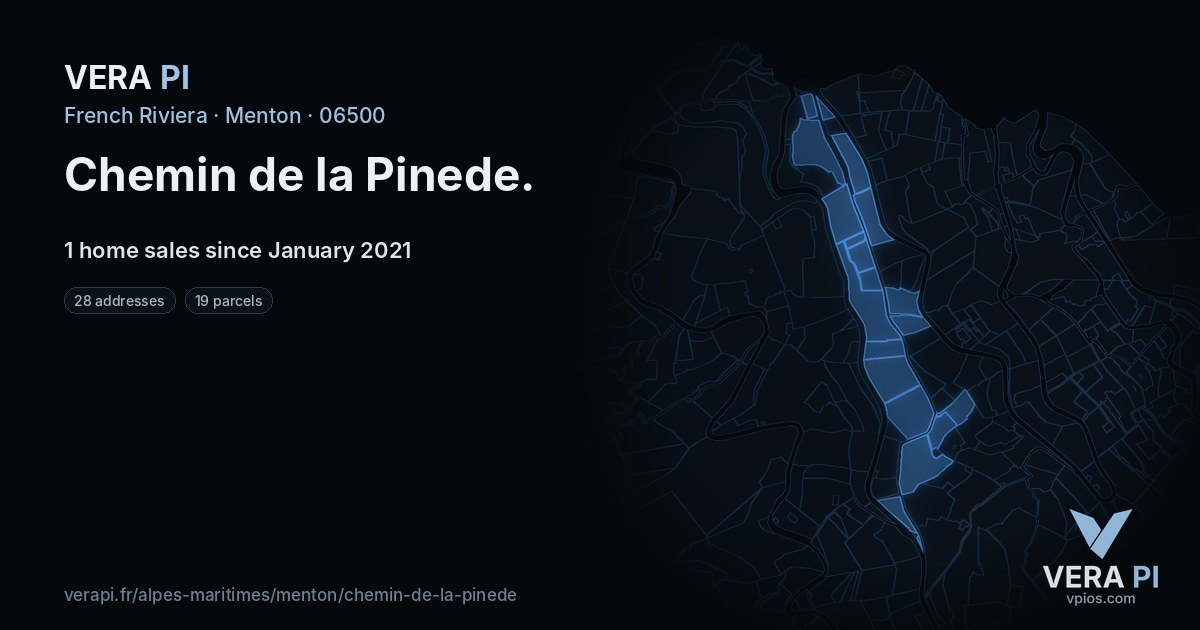 Chemin de la Pinede, Menton at night – every parcel coloured by the prices around it, the street's own parcels lit