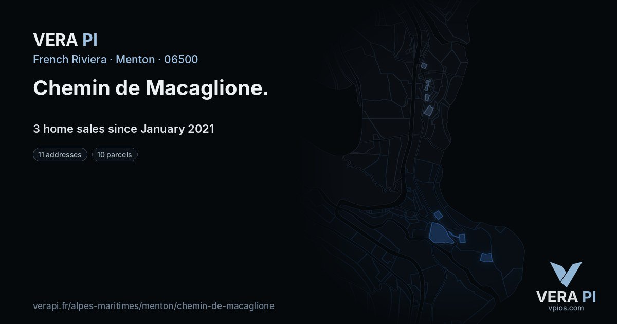 Chemin de Macaglione, Menton at night – every parcel coloured by the prices around it, the street's own parcels lit