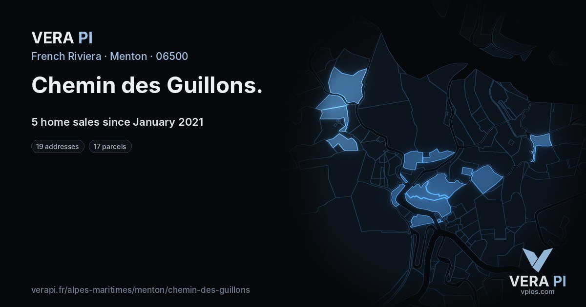 Chemin des Guillons, Menton at night – every parcel coloured by the prices around it, the street's own parcels lit
