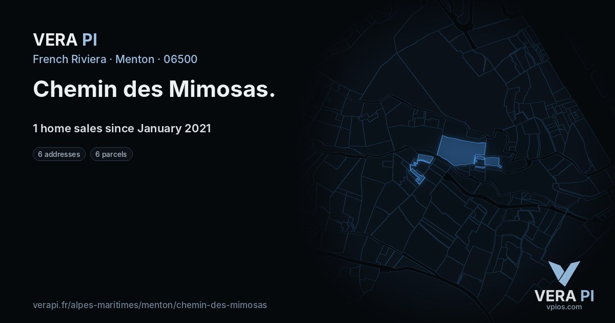 Chemin des Mimosas, Menton at night – every parcel coloured by the prices around it, the street's own parcels lit