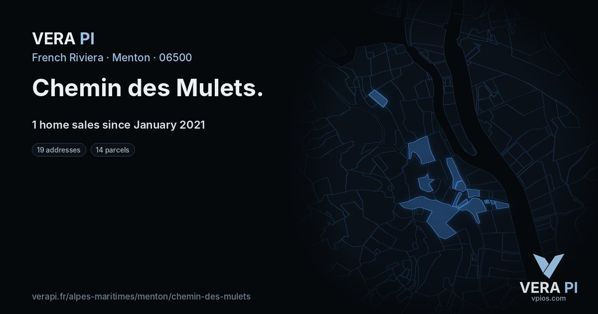Chemin des Mulets, Menton at night – every parcel coloured by the prices around it, the street's own parcels lit