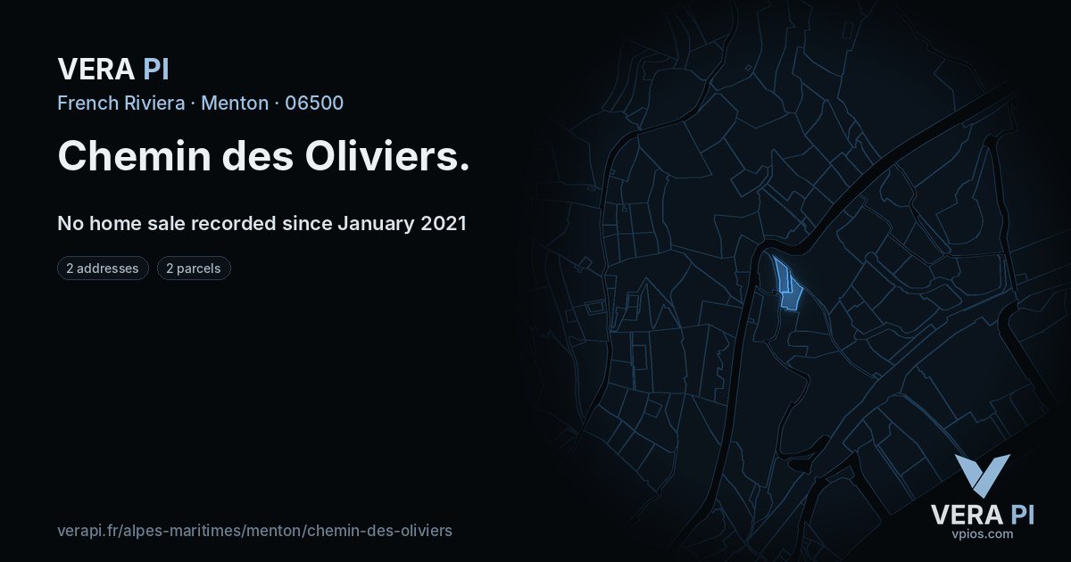 Chemin des Oliviers, Menton at night – every parcel coloured by the prices around it, the street's own parcels lit