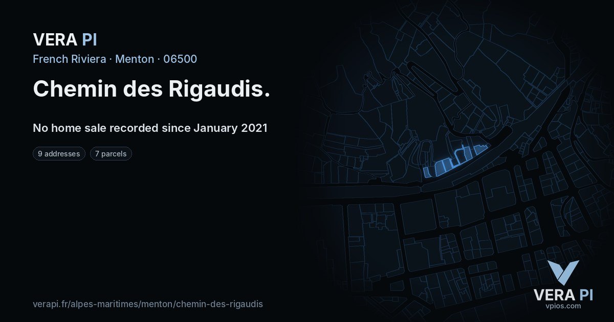 Chemin des Rigaudis, Menton at night – every parcel coloured by the prices around it, the street's own parcels lit