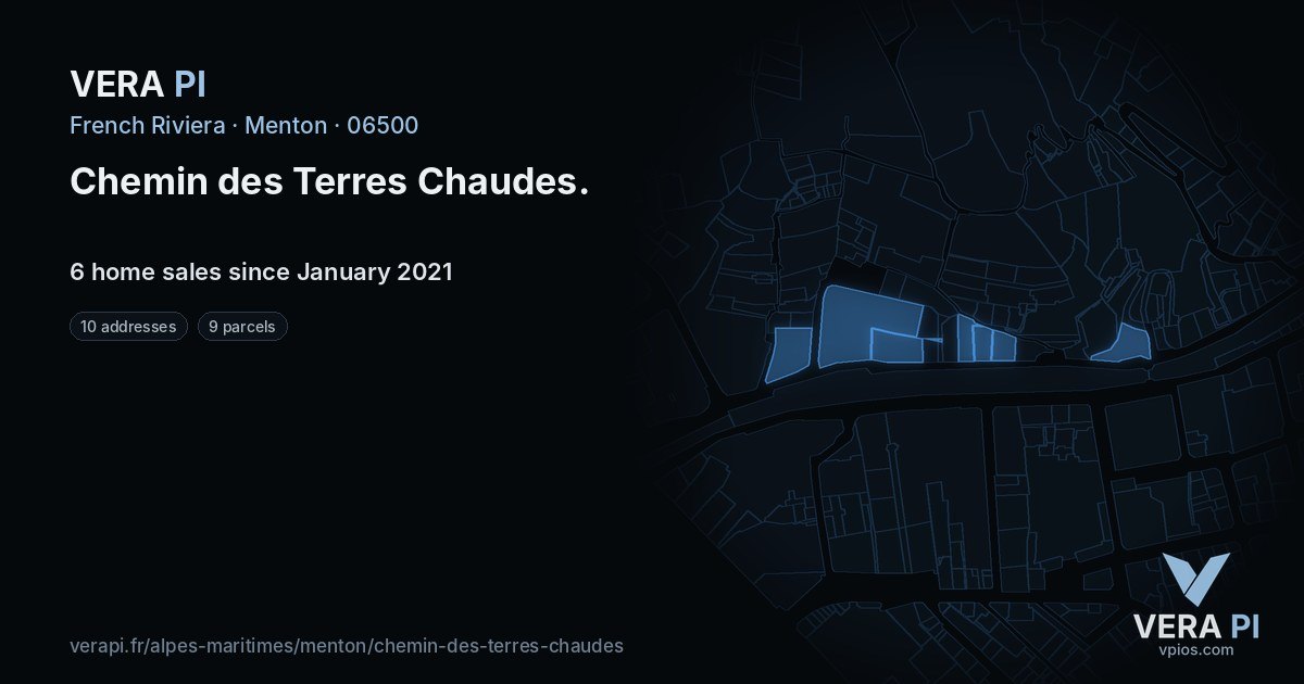 Chemin des Terres Chaudes, Menton at night – every parcel coloured by the prices around it, the street's own parcels lit