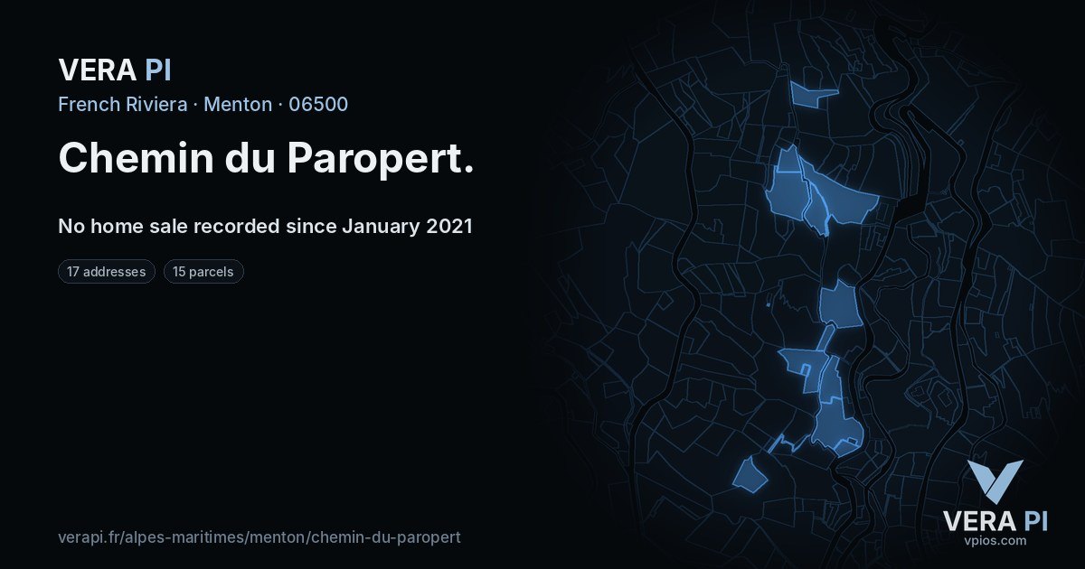 Chemin du Paropert, Menton at night – every parcel coloured by the prices around it, the street's own parcels lit