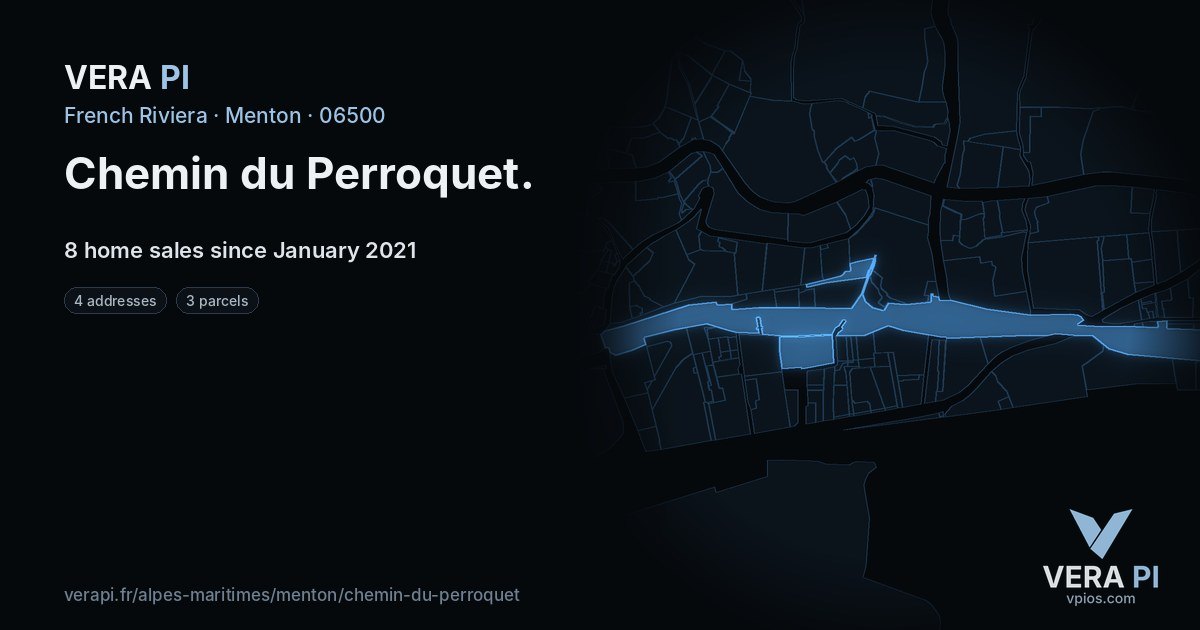 Chemin du Perroquet, Menton at night – every parcel coloured by the prices around it, the street's own parcels lit