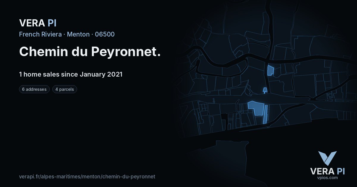Chemin du Peyronnet, Menton at night – every parcel coloured by the prices around it, the street's own parcels lit