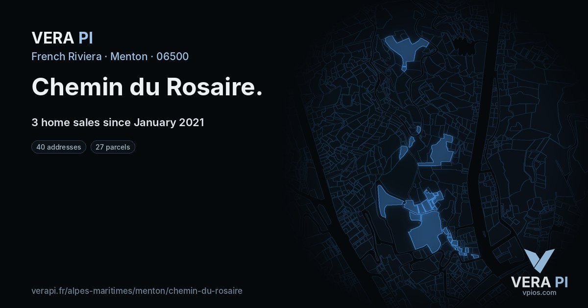 Chemin du Rosaire, Menton at night – every parcel coloured by the prices around it, the street's own parcels lit