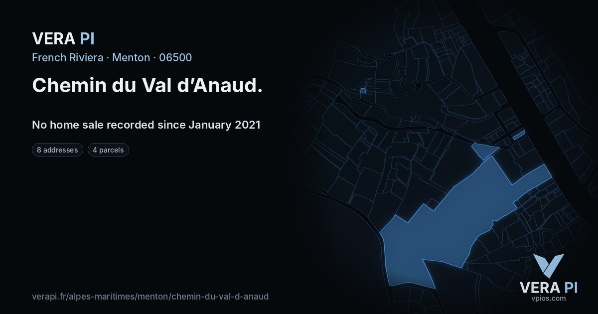 Chemin du Val d’Anaud, Menton at night – every parcel coloured by the prices around it, the street's own parcels lit