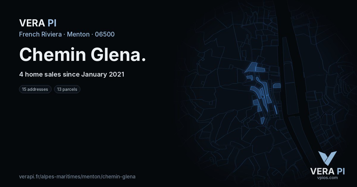 Chemin Glena, Menton at night – every parcel coloured by the prices around it, the street's own parcels lit