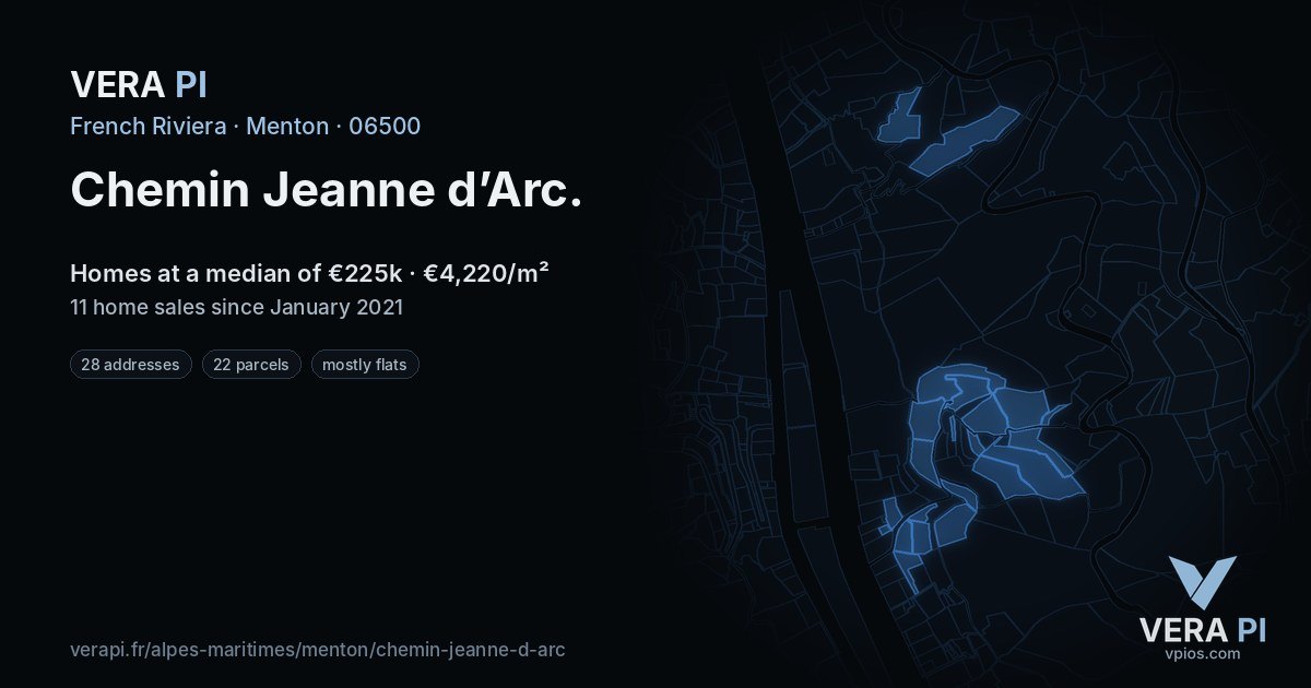 Chemin Jeanne d’Arc, Menton at night – every parcel coloured by the prices around it, the street's own parcels lit