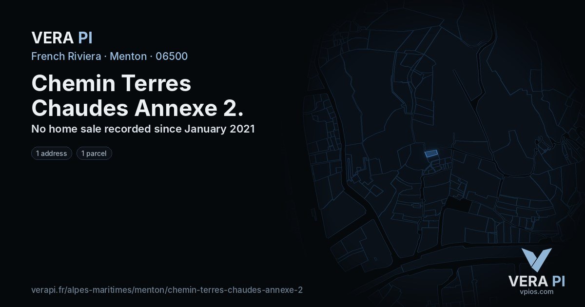 Chemin Terres Chaudes Annexe 2, Menton at night – every parcel coloured by the prices around it, the street's own parcels lit