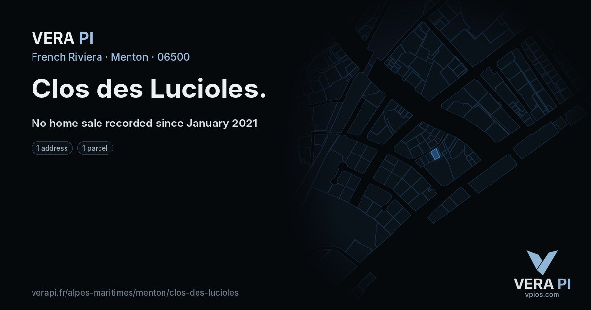 Clos des Lucioles, Menton at night – every parcel coloured by the prices around it, the street's own parcels lit