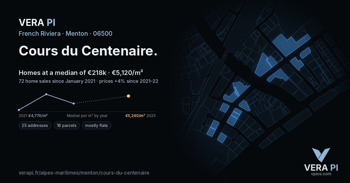 Cours du Centenaire, Menton at night – every parcel coloured by the prices around it, the street's own parcels lit