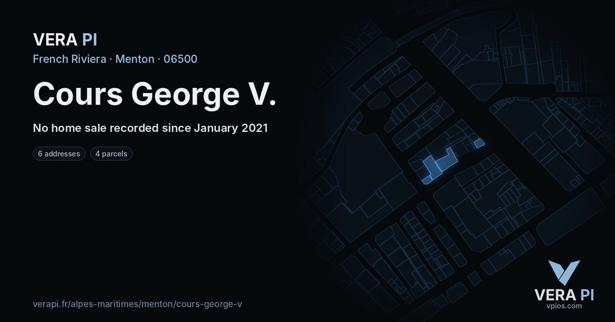 Cours George V, Menton at night – every parcel coloured by the prices around it, the street's own parcels lit