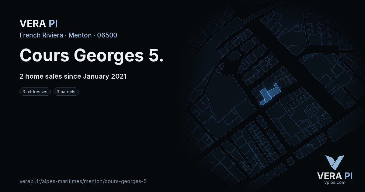 Cours Georges 5, Menton at night – every parcel coloured by the prices around it, the street's own parcels lit