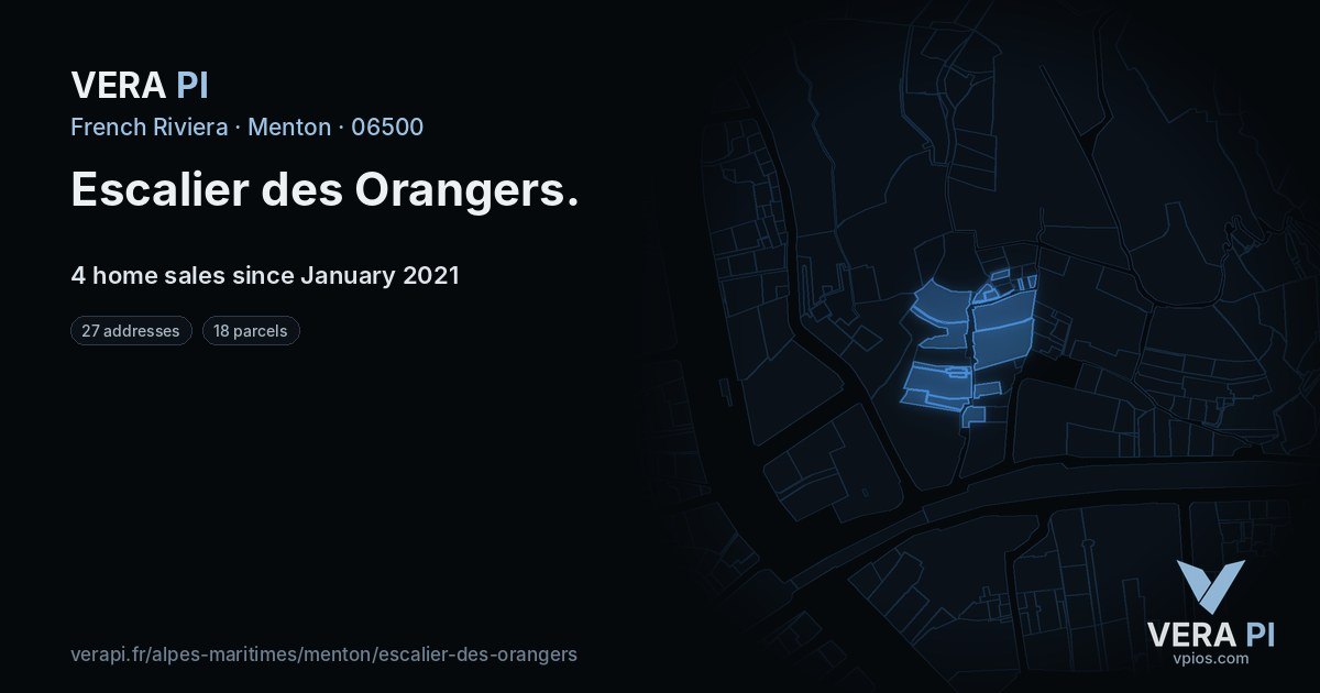 Escalier des Orangers, Menton at night – every parcel coloured by the prices around it, the street's own parcels lit