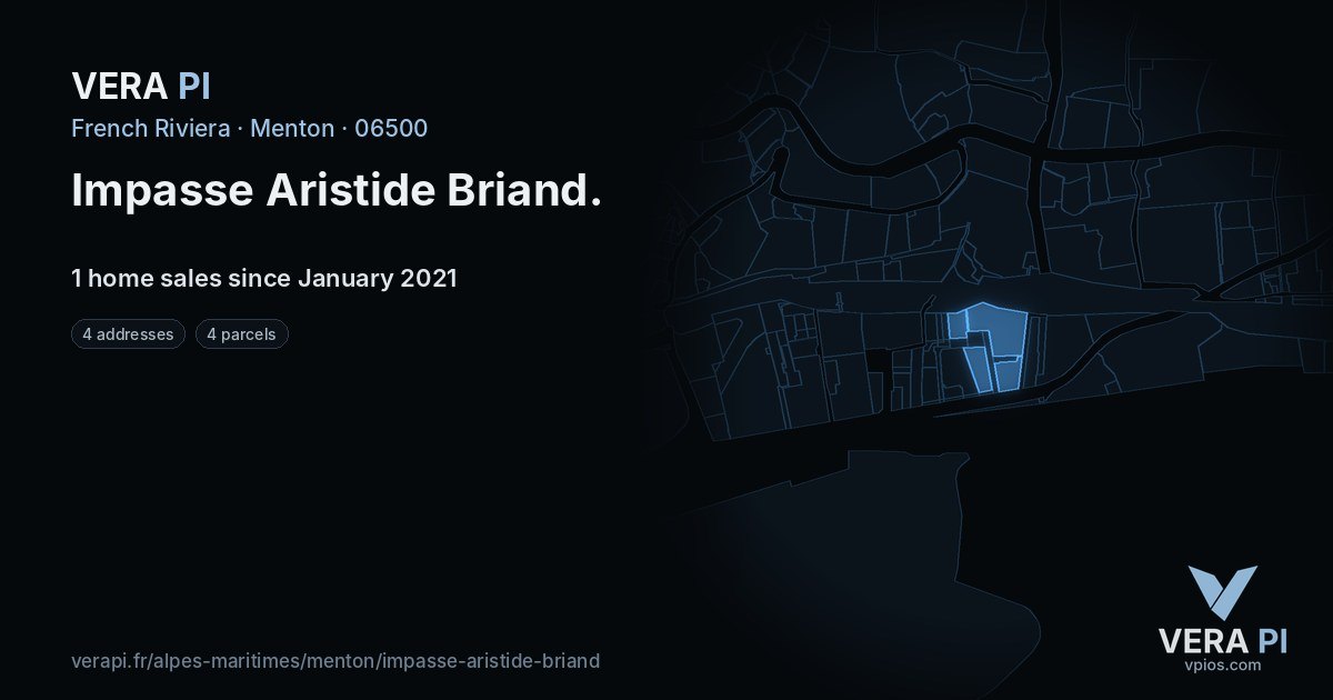 Impasse Aristide Briand, Menton at night – every parcel coloured by the prices around it, the street's own parcels lit