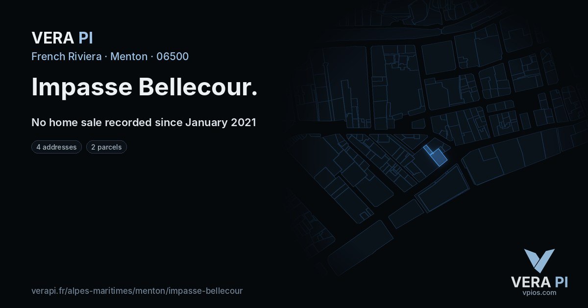 Impasse Bellecour, Menton at night – every parcel coloured by the prices around it, the street's own parcels lit