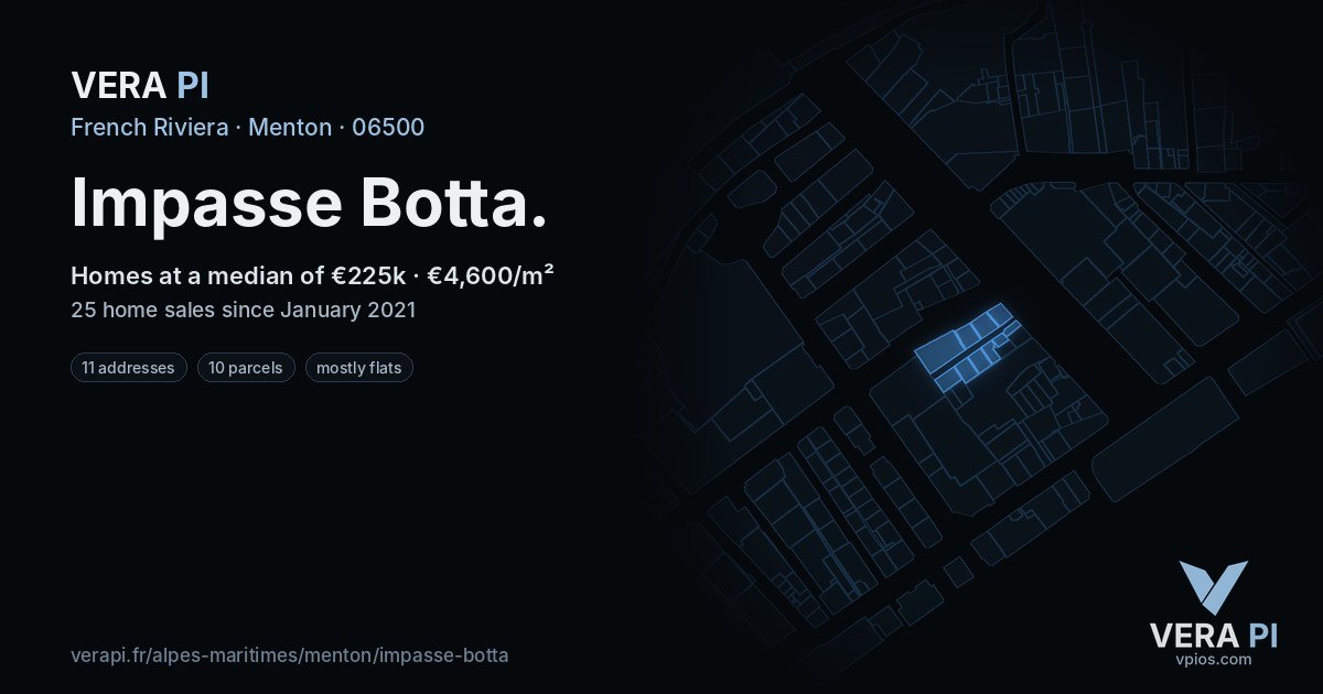 Impasse Botta, Menton at night – every parcel coloured by the prices around it, the street's own parcels lit