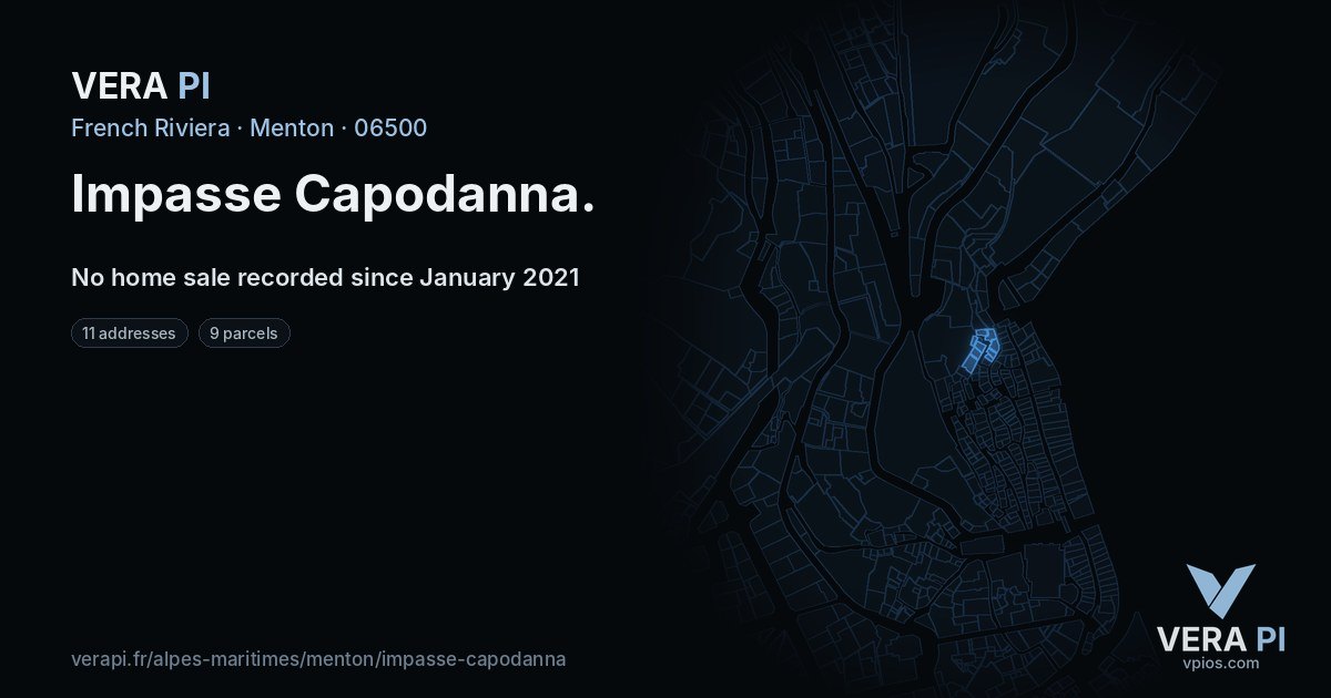 Impasse Capodanna, Menton at night – every parcel coloured by the prices around it, the street's own parcels lit