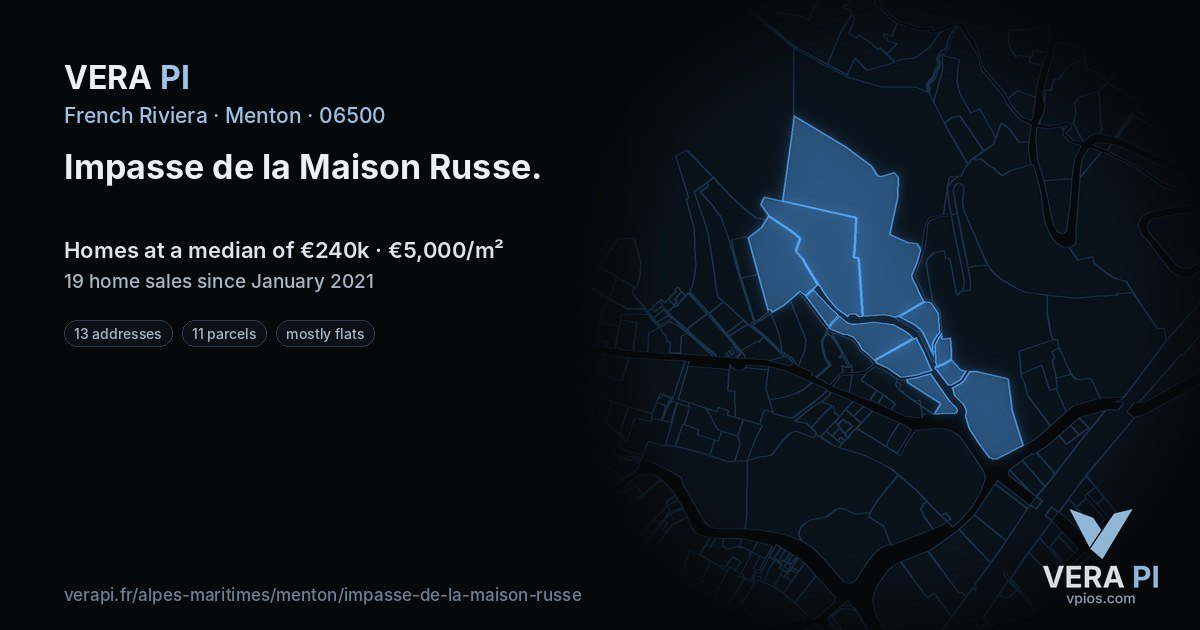 Impasse de la Maison Russe, Menton at night – every parcel coloured by the prices around it, the street's own parcels lit