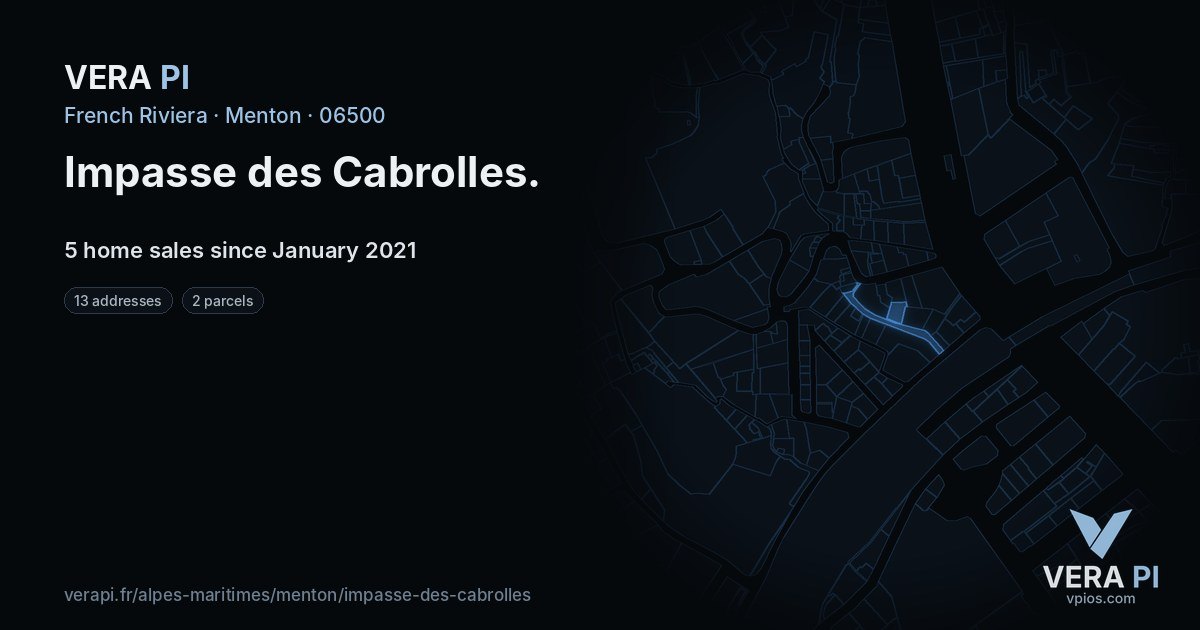 Impasse des Cabrolles, Menton at night – every parcel coloured by the prices around it, the street's own parcels lit