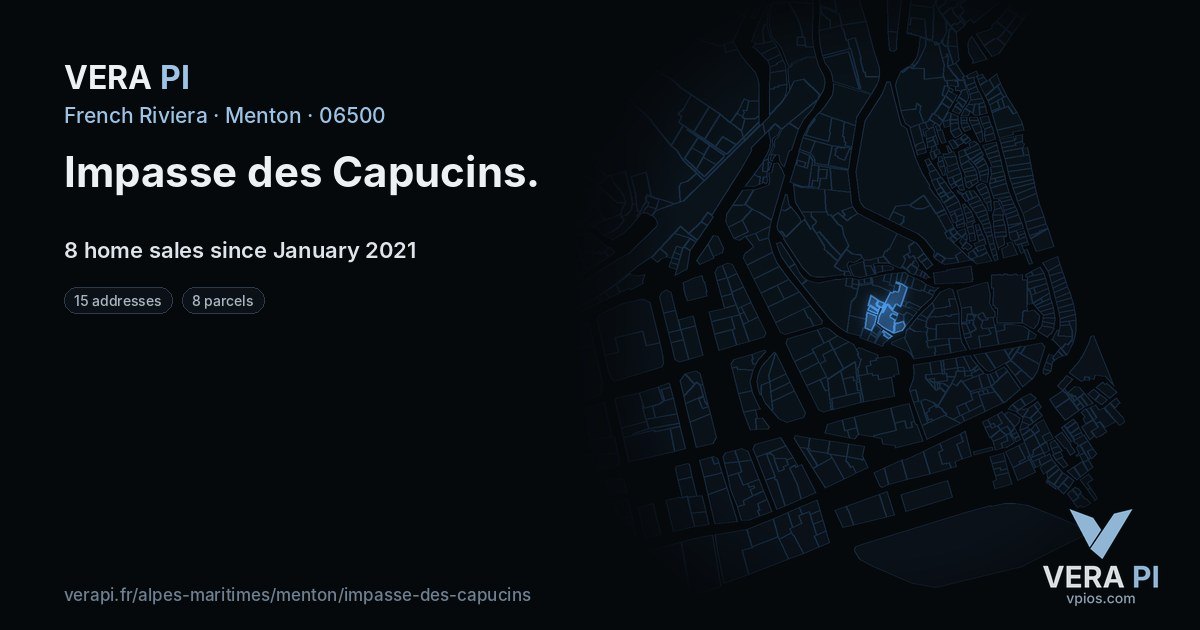 Impasse des Capucins, Menton at night – every parcel coloured by the prices around it, the street's own parcels lit