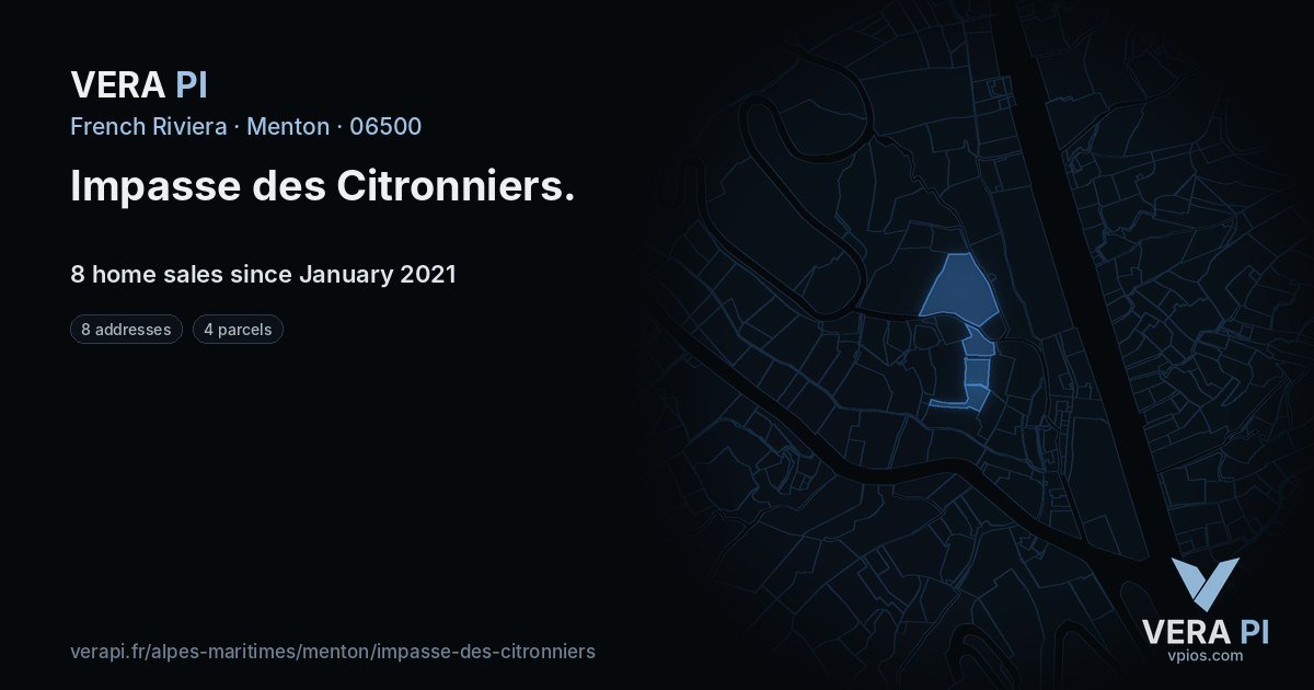 Impasse des Citronniers, Menton at night – every parcel coloured by the prices around it, the street's own parcels lit