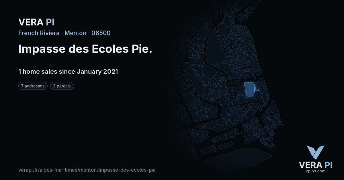 Impasse des Ecoles Pie, Menton at night – every parcel coloured by the prices around it, the street's own parcels lit