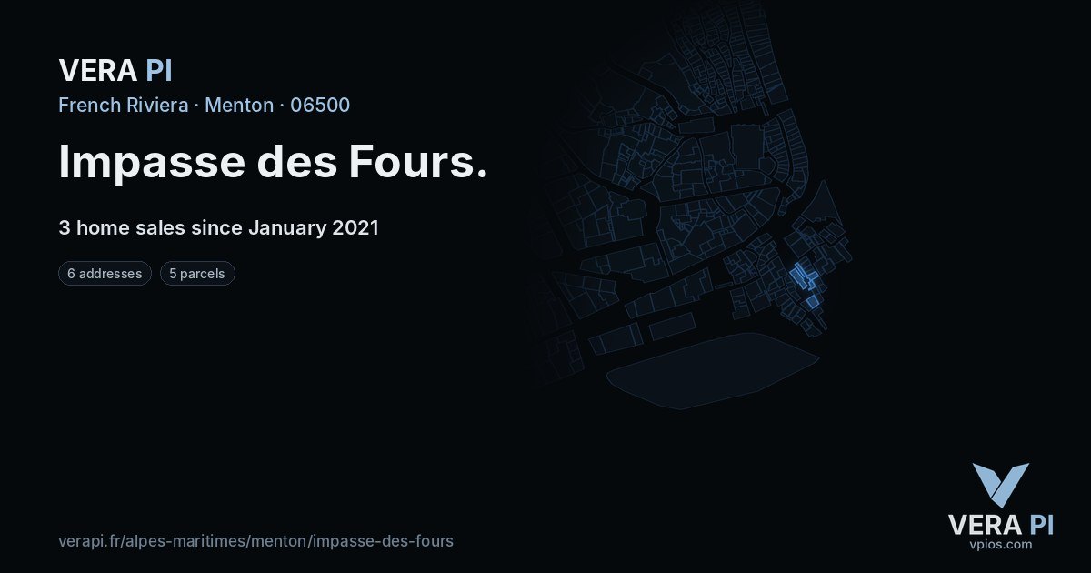 Impasse des Fours, Menton at night – every parcel coloured by the prices around it, the street's own parcels lit