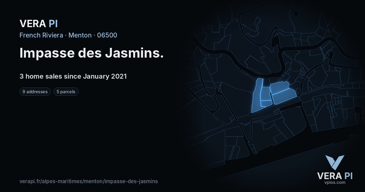 Impasse des Jasmins, Menton at night – every parcel coloured by the prices around it, the street's own parcels lit