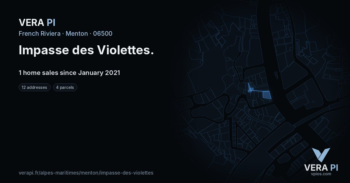 Impasse des Violettes, Menton at night – every parcel coloured by the prices around it, the street's own parcels lit