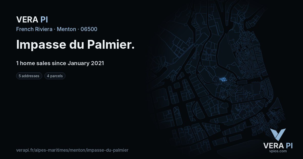 Impasse du Palmier, Menton at night – every parcel coloured by the prices around it, the street's own parcels lit