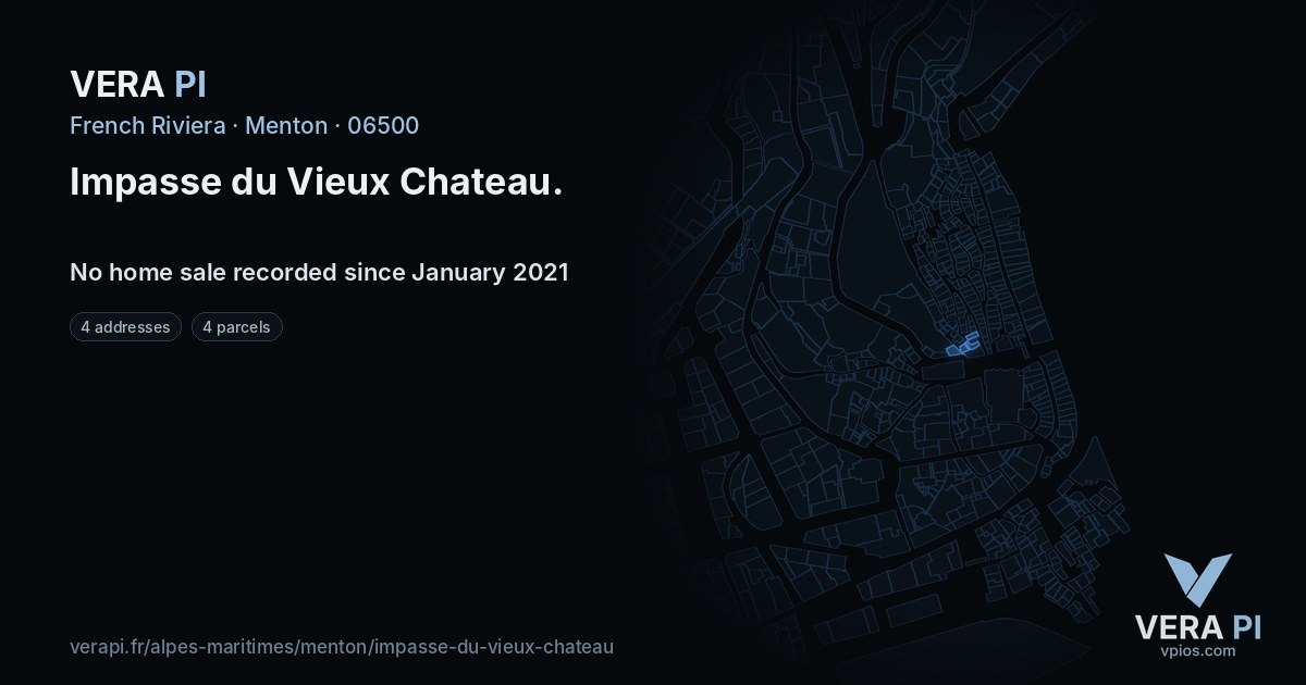 Impasse du Vieux Chateau, Menton at night – every parcel coloured by the prices around it, the street's own parcels lit