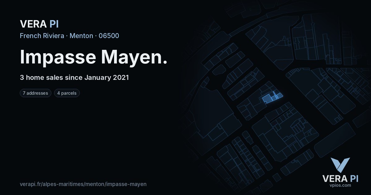 Impasse Mayen, Menton at night – every parcel coloured by the prices around it, the street's own parcels lit