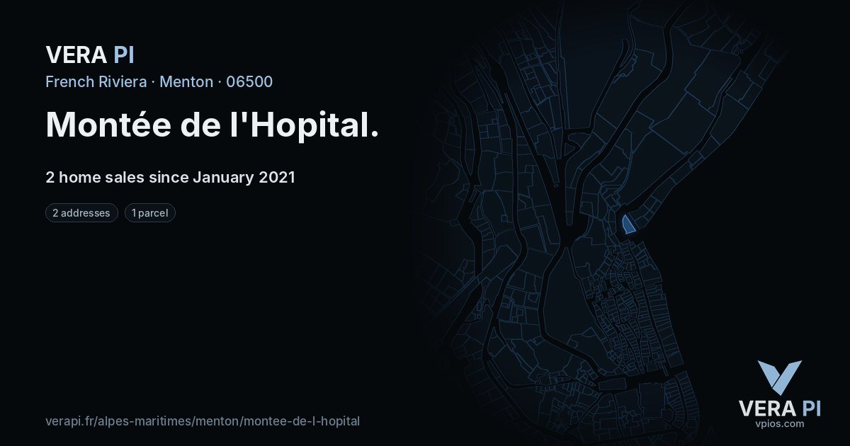 Montée de l'Hopital, Menton at night – every parcel coloured by the prices around it, the street's own parcels lit