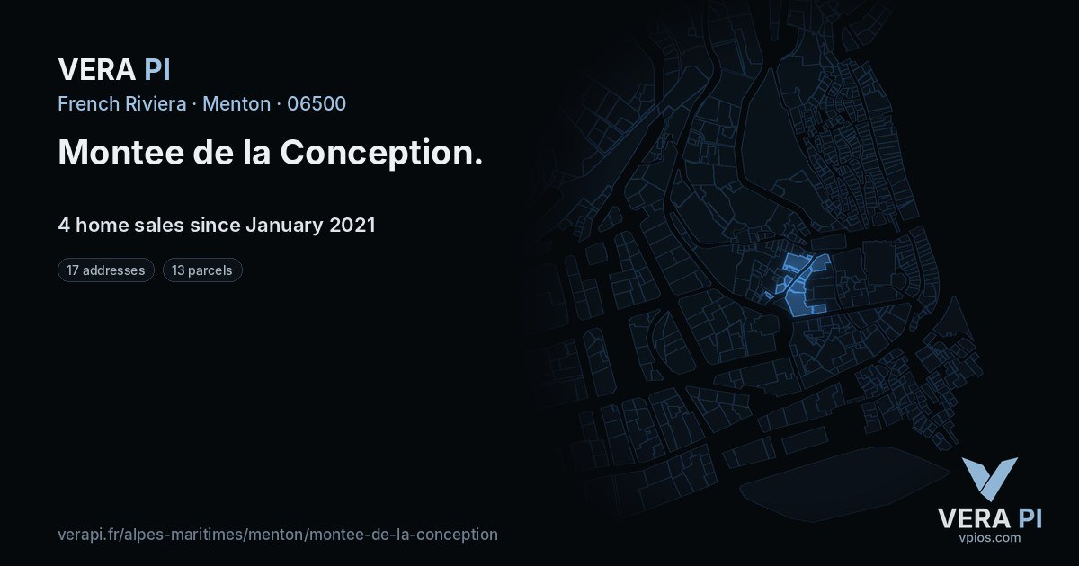 Montee de la Conception, Menton at night – every parcel coloured by the prices around it, the street's own parcels lit