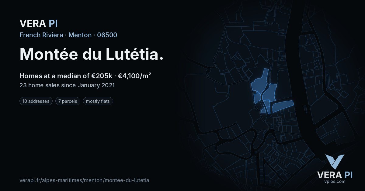 Montée du Lutétia, Menton at night – every parcel coloured by the prices around it, the street's own parcels lit