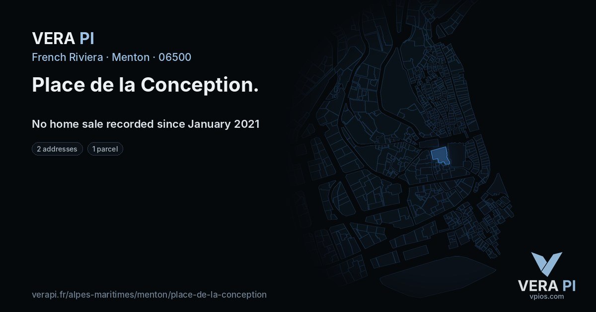 Place de la Conception, Menton at night – every parcel coloured by the prices around it, the street's own parcels lit