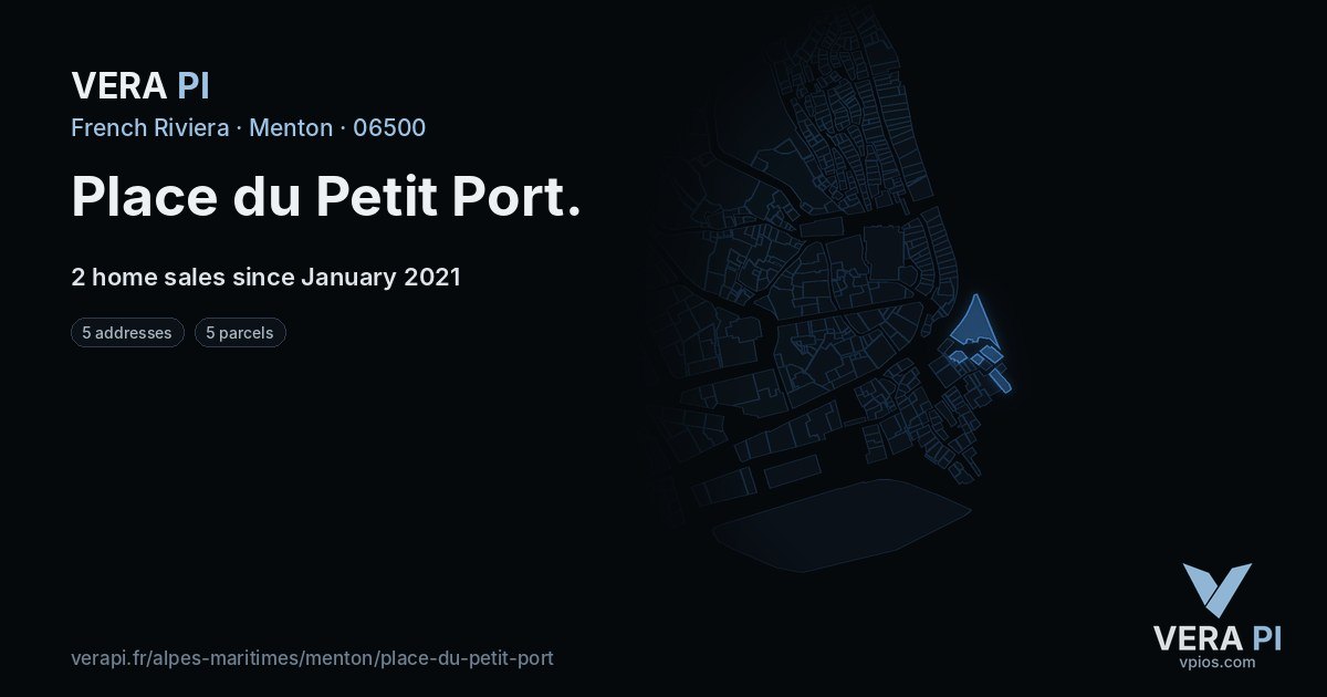 Place du Petit Port, Menton at night – every parcel coloured by the prices around it, the street's own parcels lit