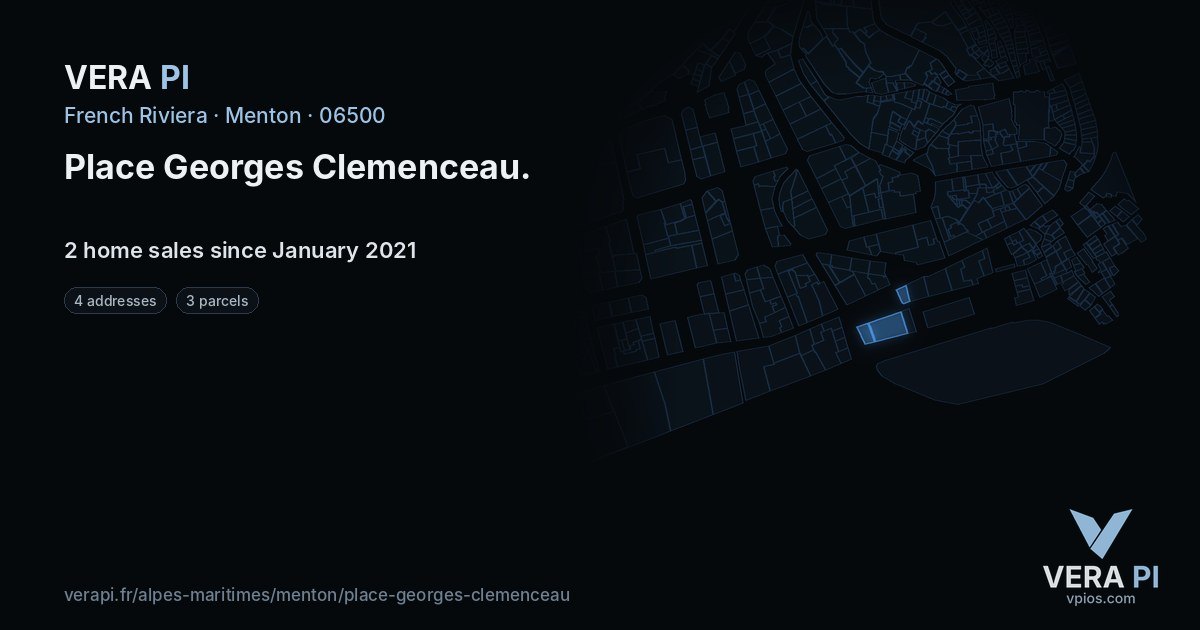 Place Georges Clemenceau, Menton at night – every parcel coloured by the prices around it, the street's own parcels lit